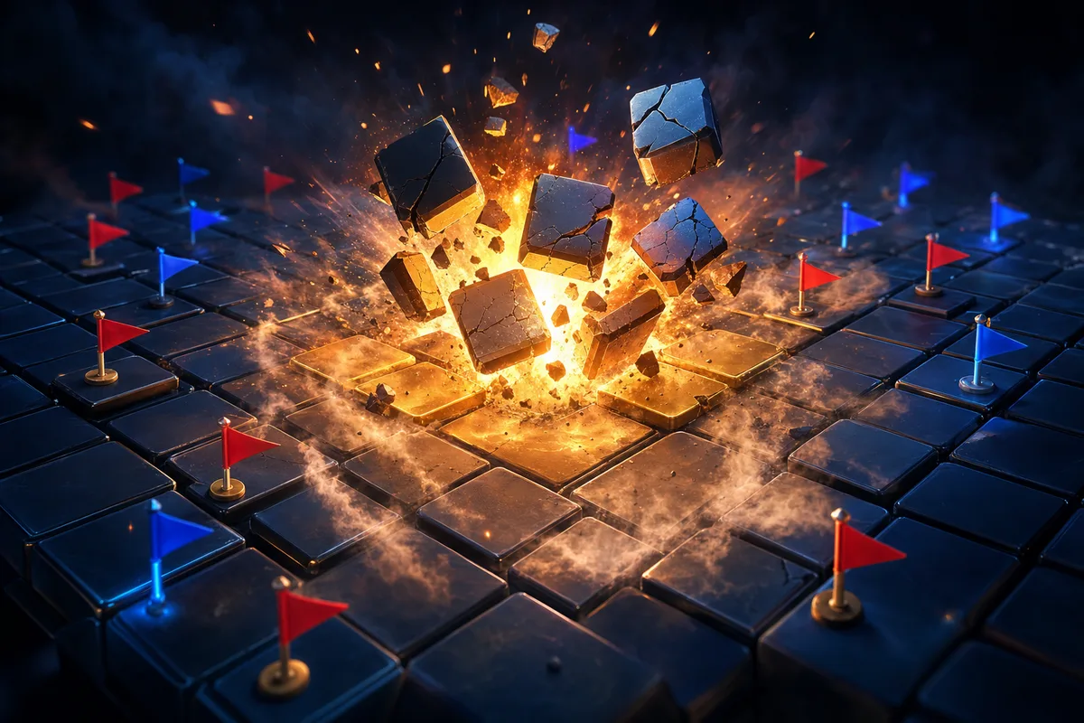 A catch-up bomb going off on the minefield, blowing a square block of tiles open in a burst of sparks