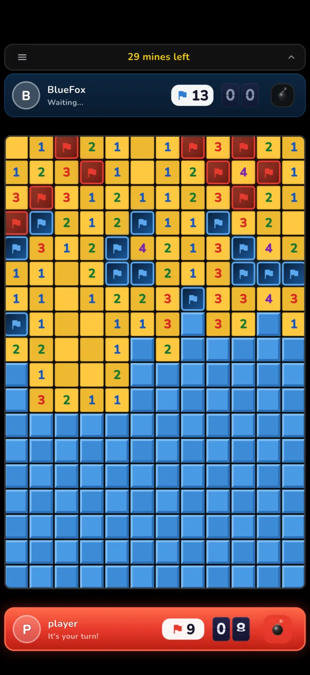 A BombaDuel duel in progress: 29 mines left, the opponent waiting, the player holding nine claimed mines