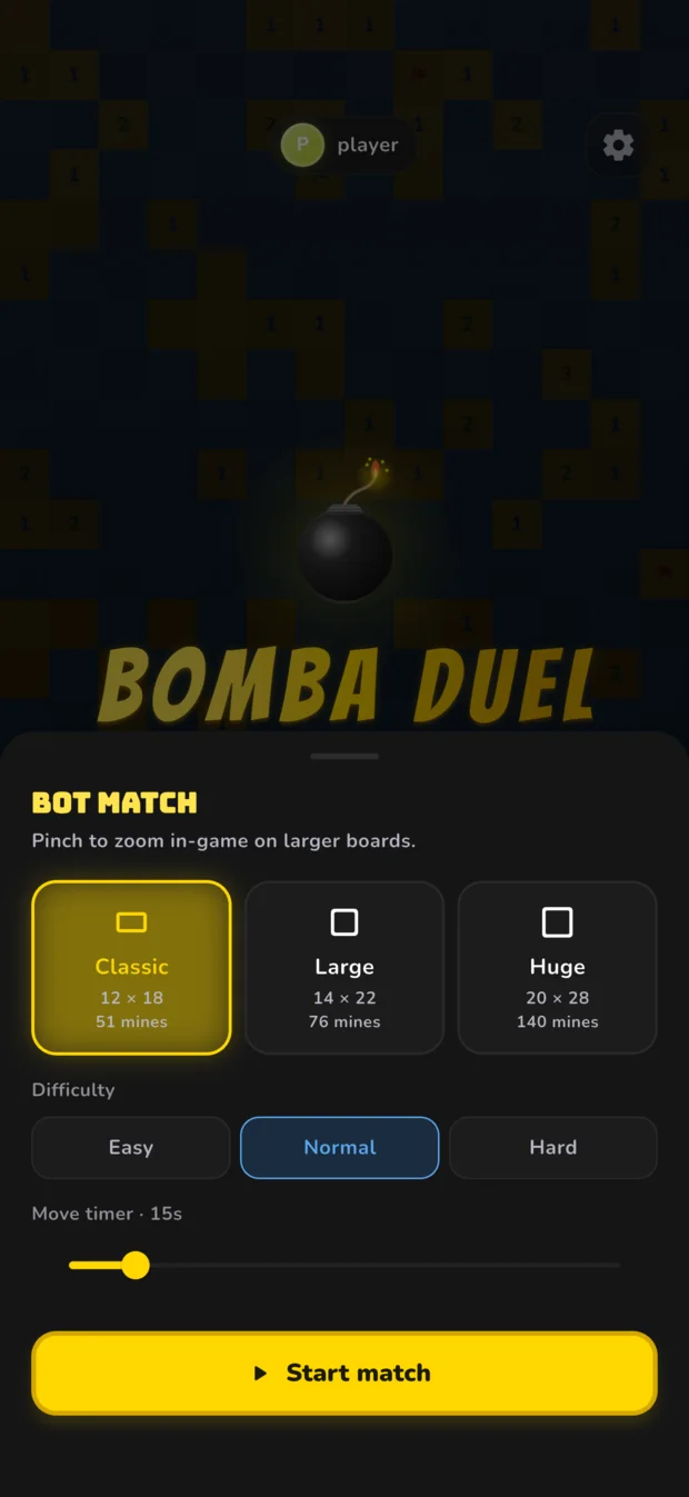 The BombaDuel board picker showing Classic, Large and Huge, with bot difficulty and a move timer