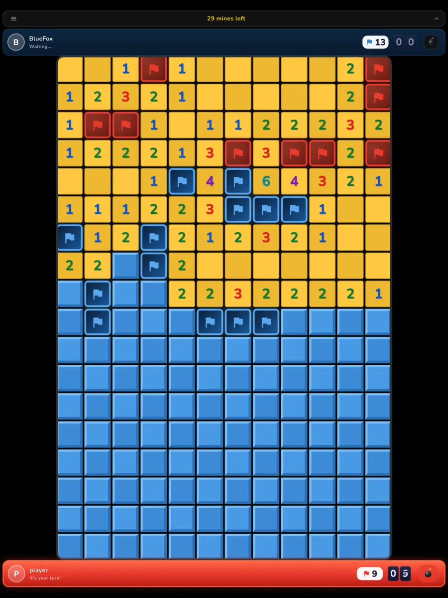 A BombaDuel duel running on a tablet, the whole minefield visible at once
