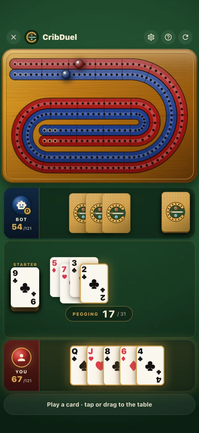 A CribDuel match in progress, showing the wooden cribbage board with red and blue pegs, the pegging count, and both hands of cards