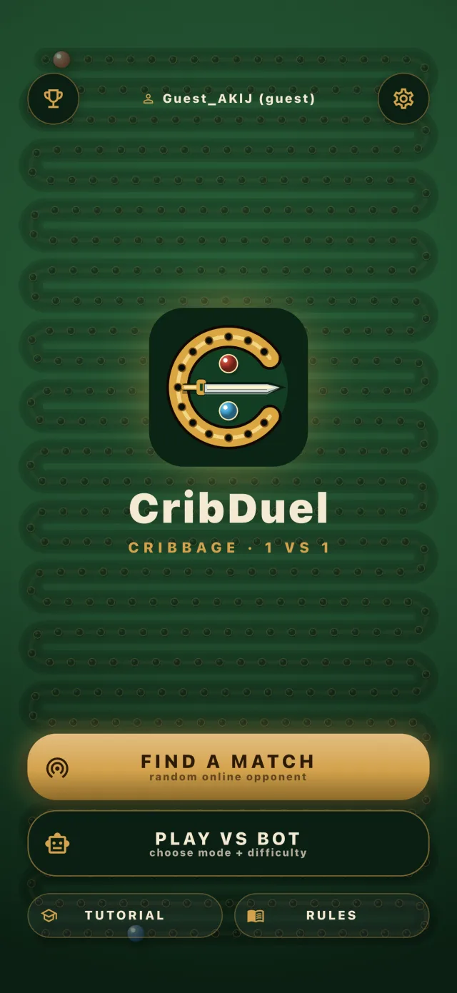 The CribDuel home screen on a green felt table