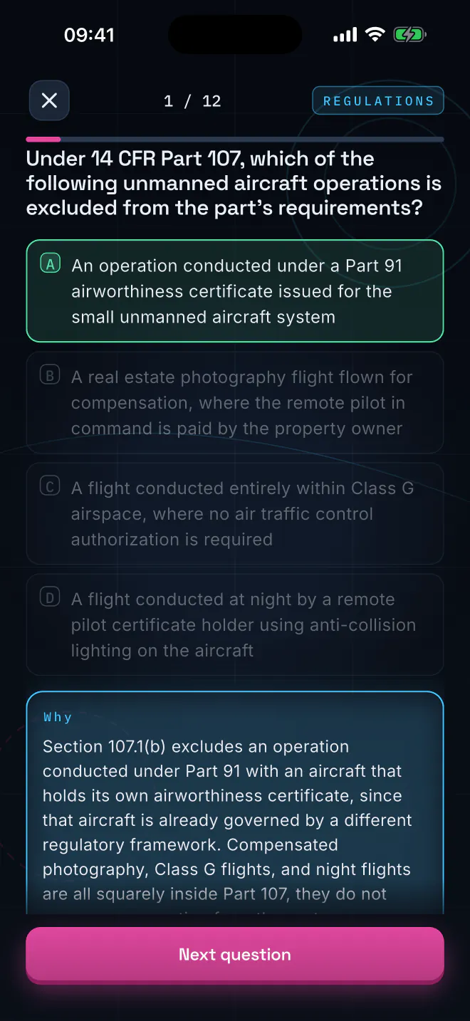 A Part 107 practice question answered, the right option marked in green and a worked explanation opening underneath it that quotes section 107.1(b)