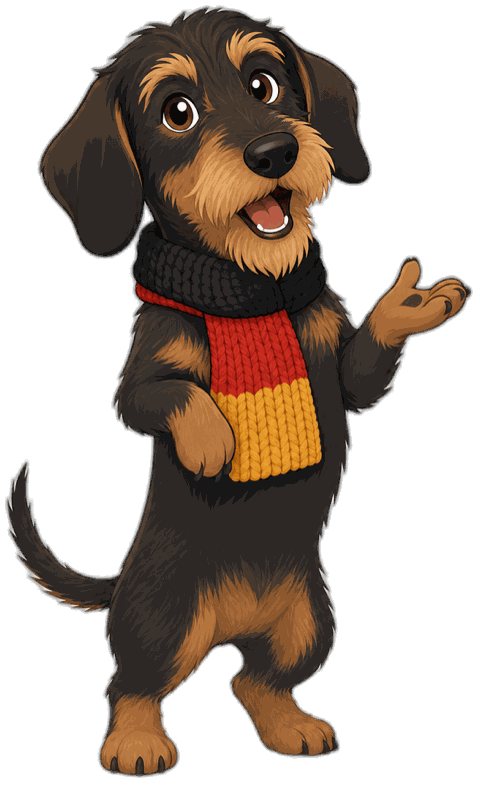Otto, the Germanio mascot, a dachshund in a black, red and gold scarf