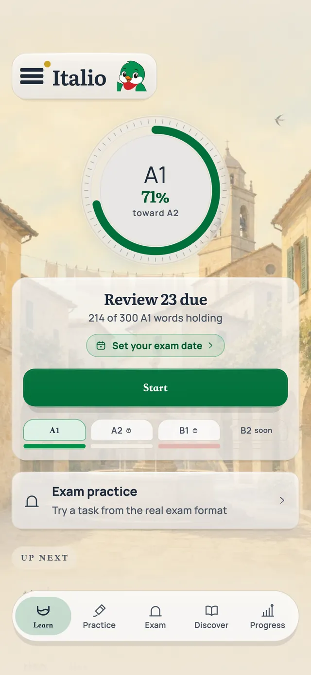 The Italio home screen: level A1 at 214 of 300 words held, 23 reviews due, and the start button.