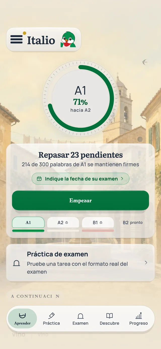 La pantalla principal de Italio: nivel A1 con 214 de 300 palabras retenidas, 23 repasos pendientes y el botón para empezar.