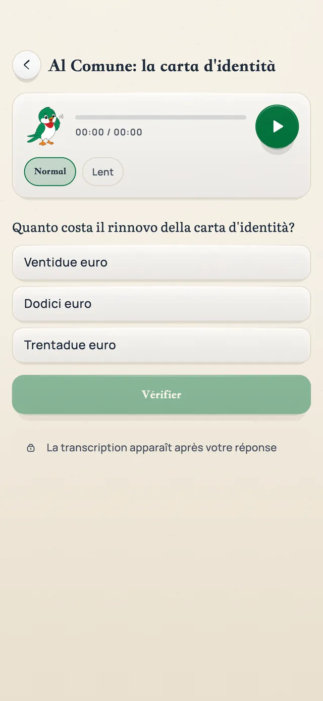 Une épreuve de compréhension orale : le lecteur audio en vitesse normale ou lente, une question et trois réponses.