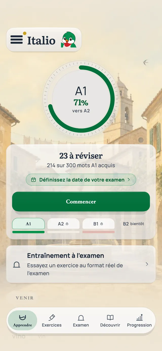 L'écran d'accueil d'Italio : niveau A1 avec 214 mots sur 300 retenus, 23 révisions à faire et le bouton pour commencer.