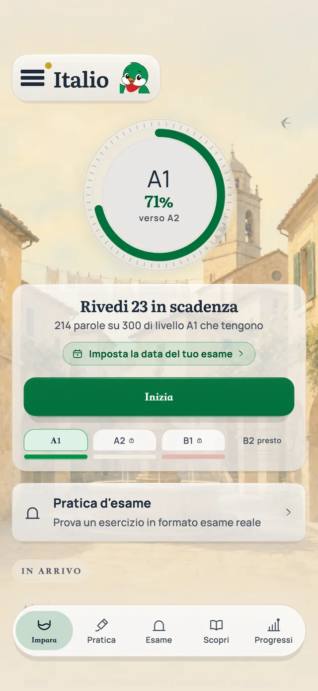 La schermata principale di Italio: livello A1 con 214 parole su 300 che tengono, 23 ripassi in scadenza e il pulsante per iniziare.