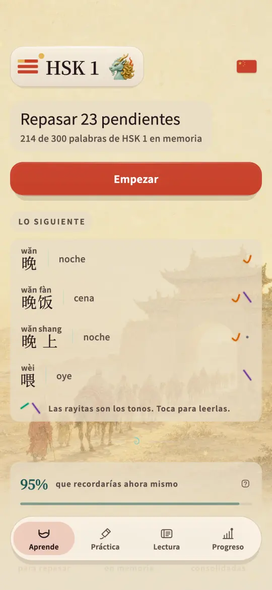 La pantalla de inicio de Kylin, con los repasos pendientes de hoy y cuánto de HSK 1 sigue en pie, sobre un patio de templo pintado