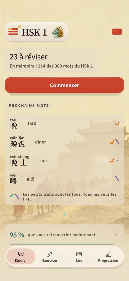 L'écran d'accueil de Kylin, avec les révisions du jour et la part du HSK 1 qui tient encore, sur une cour de temple peinte
