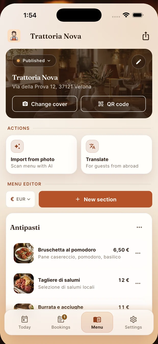 Restaurant screen: change cover, QR code, import a menu from a photo, translate it