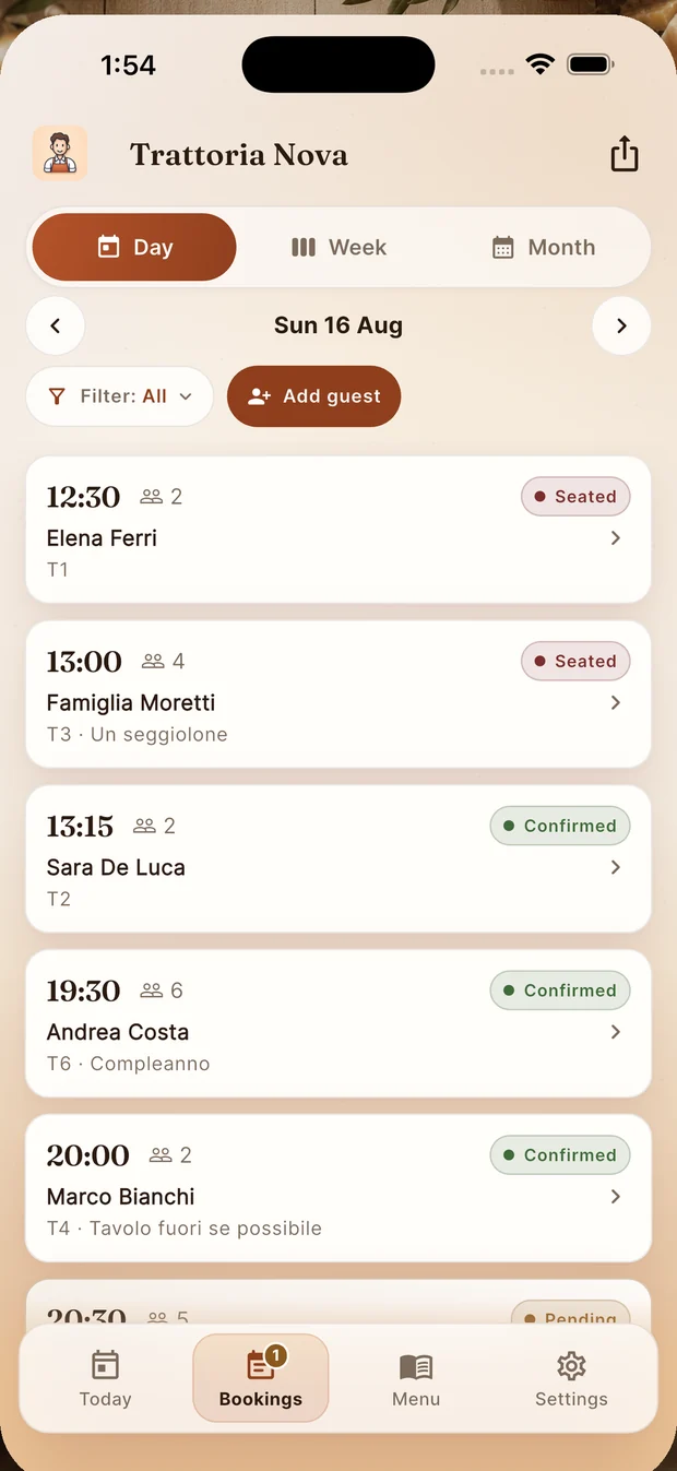 Bookings screen: the day's reservations by time, with guest counts and status