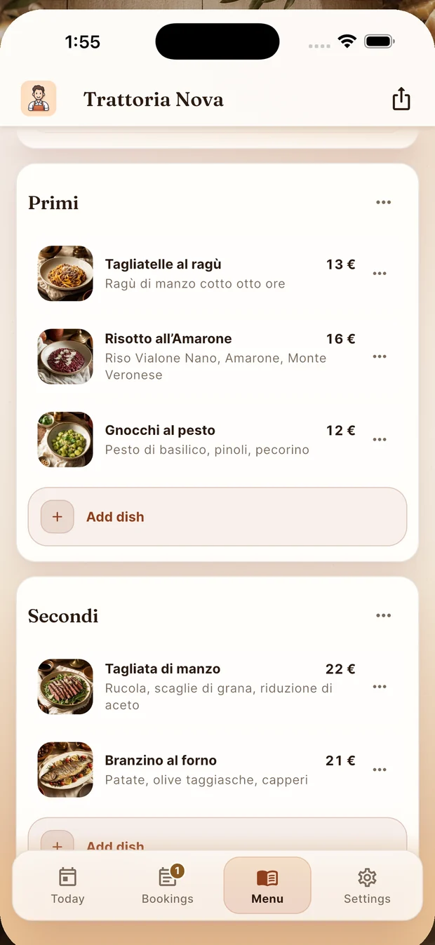 Menu editor: sections with dishes, photos and prices, and a button to add a dish