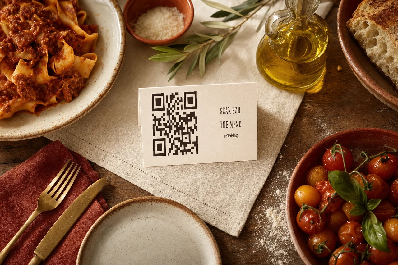 A printed table card on a laid trattoria table, carrying a QR code that opens the restaurant menu