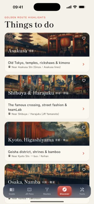 The NipponGo Discover tab showing Golden Route highlights and things to do in Asakusa, Shibuya, Kyoto and Osaka