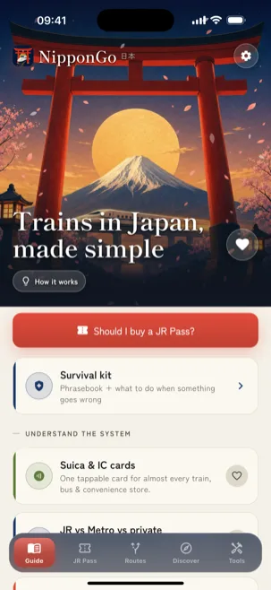 The NipponGo home screen with a painted twilight scene of a torii gate and Mount Fuji, headed Trains in Japan made simple