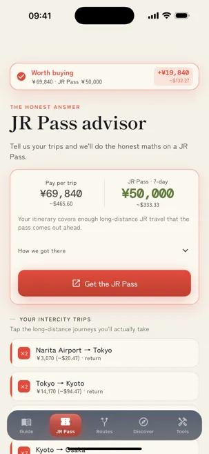 NipponGo JR Pass screen showing whether the pass is worth buying for a sample itinerary