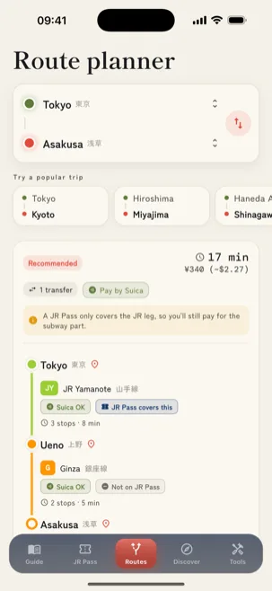 NipponGo route planner showing a Tokyo to Asakusa route with per-leg Suica and JR Pass badges