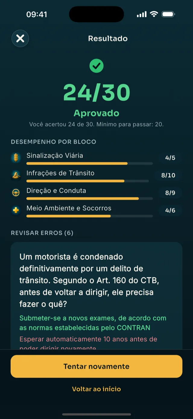 Tela de resultado do simulado mostrando 24 de 30 acertos, a aprovação e o desempenho em cada um dos quatro blocos
