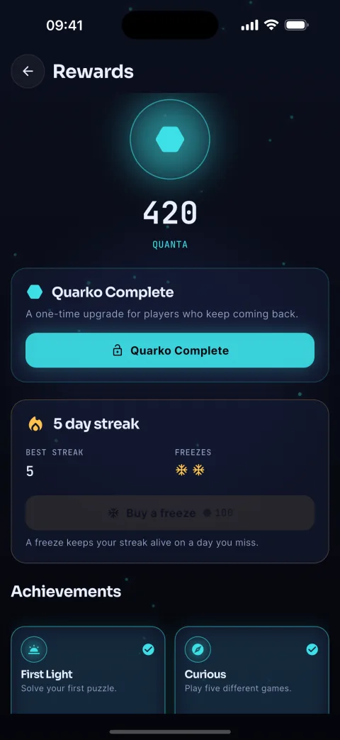 The Quarko rewards screen showing the daily streak, collected Quanta and achievements