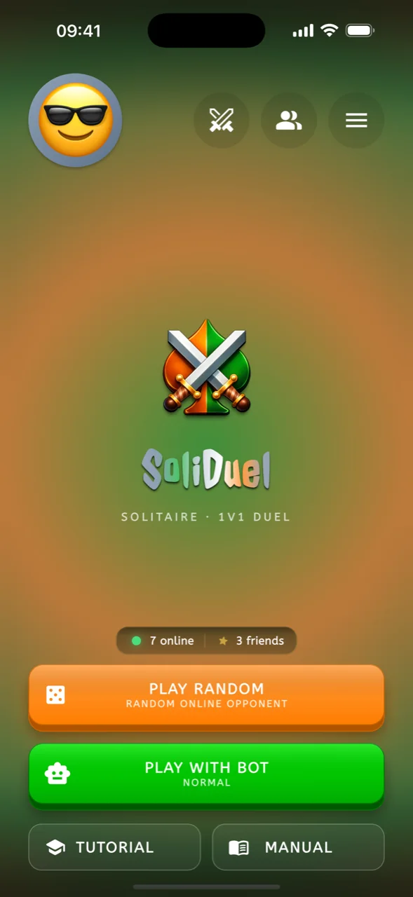 The SoliDuel home screen with Play Random and Play with Bot