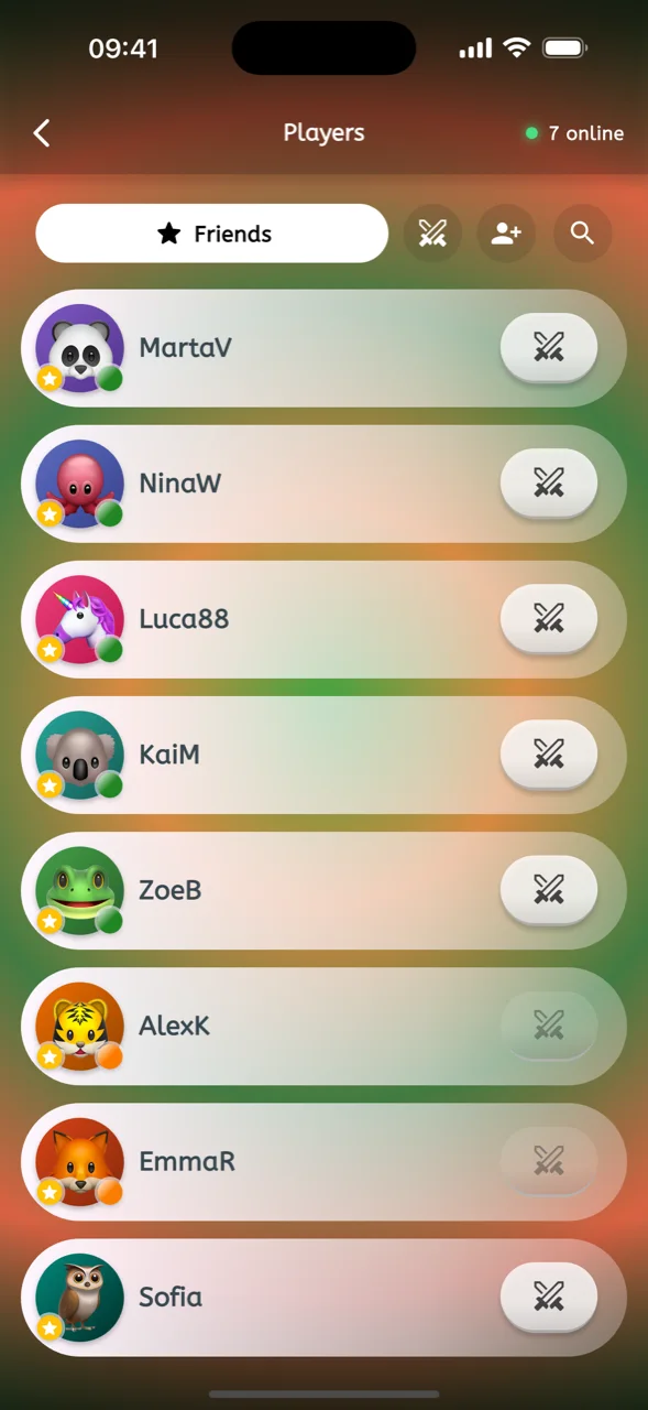 The SoliDuel players list with friends online and a challenge button