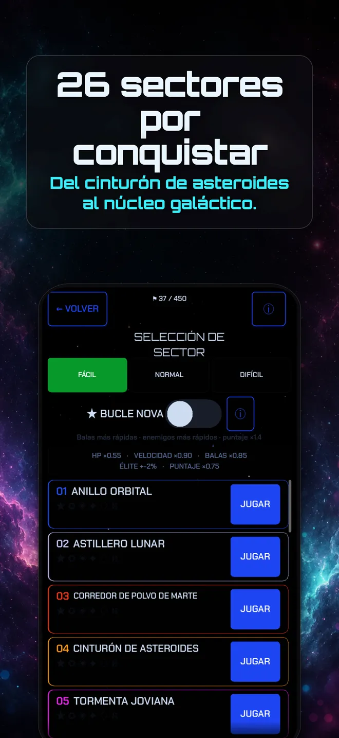 La pantalla de selección de sector de Starglax con los 26 sectores espaciales en tres dificultades