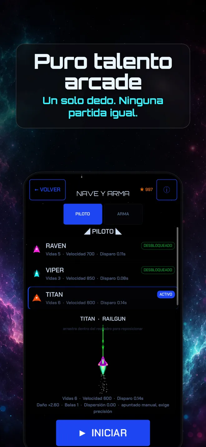 La pantalla de nave y arma de Starglax, con la lista de pilotos y las estadísticas de cada uno