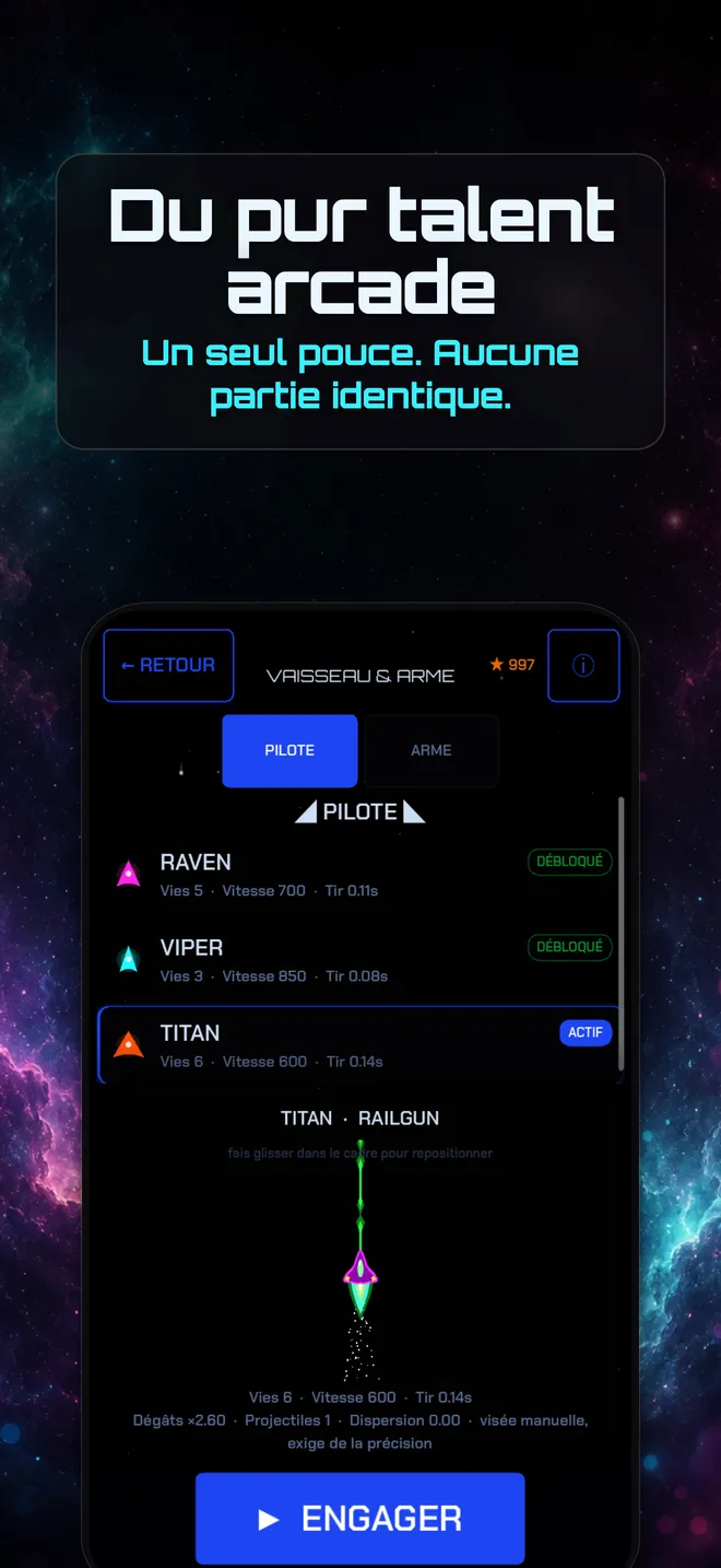 L'écran vaisseau et arme de Starglax, avec la liste des pilotes et les stats de chacun