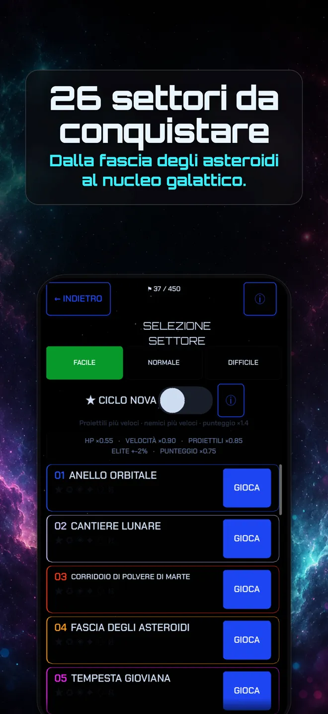 La schermata di scelta settore di Starglax con i 26 settori spaziali su tre difficoltà