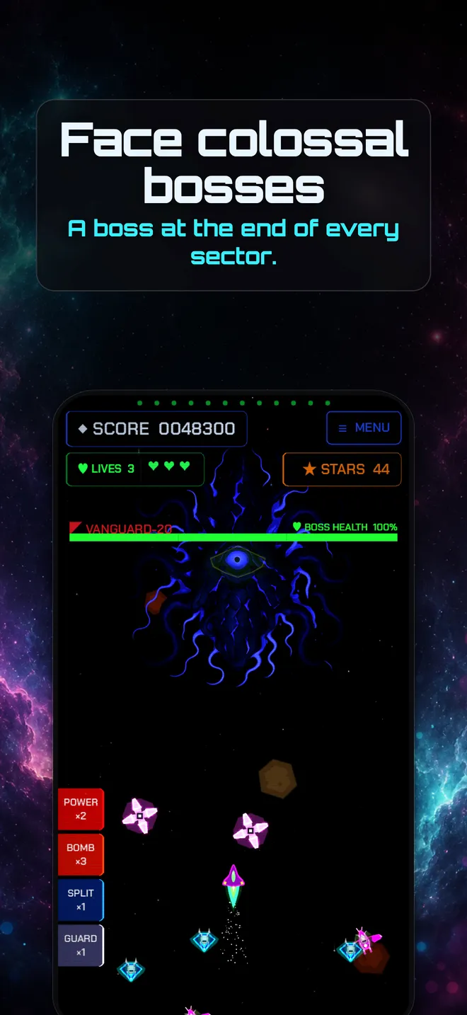 A Starglax boss fight deep in the campaign, with the boss health bar and the ability buttons