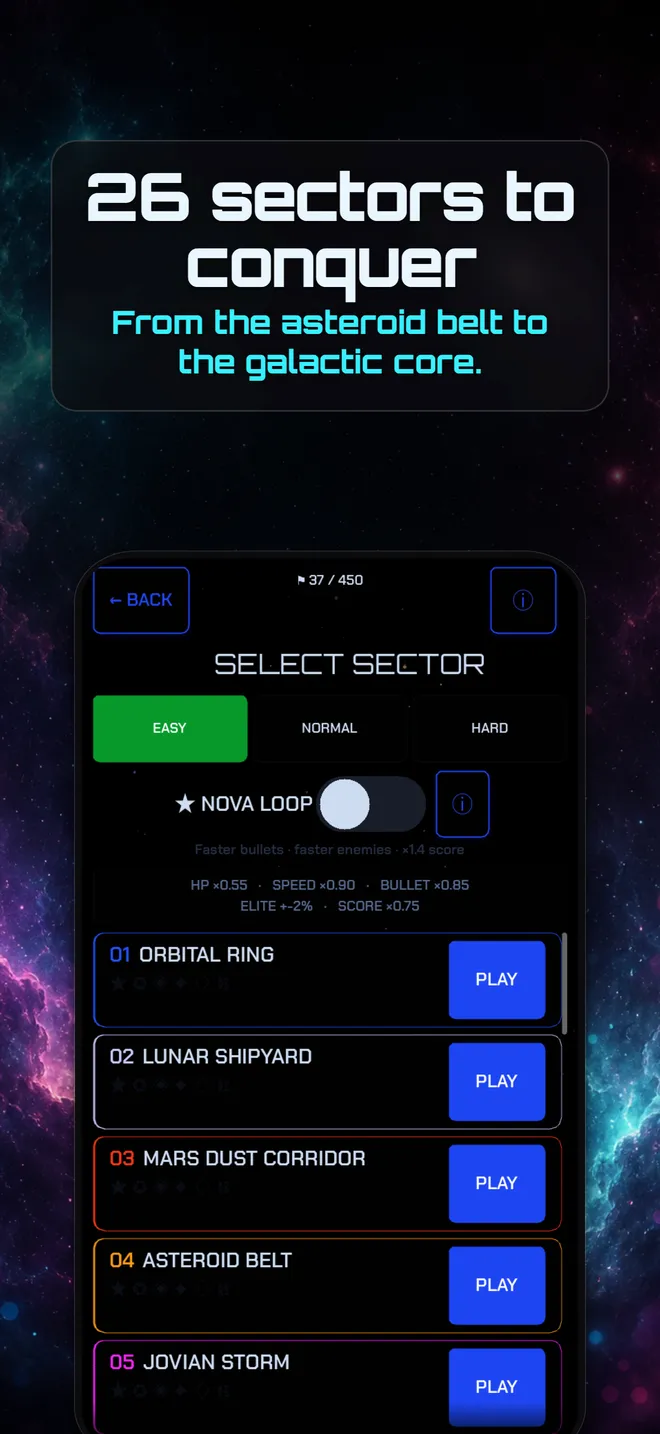 The Starglax sector select screen listing the 26 deep-space sectors across three difficulties
