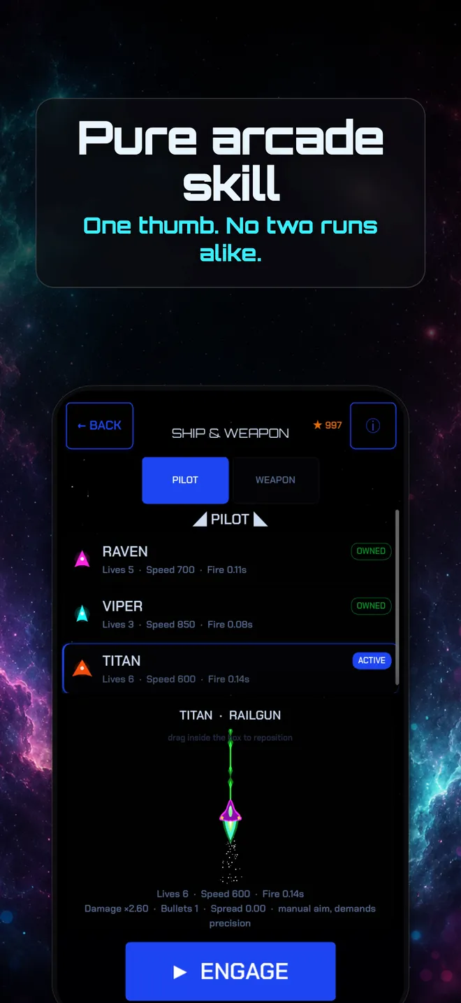 The Starglax ship and weapon screen, with the pilot roster and each pilot's stats