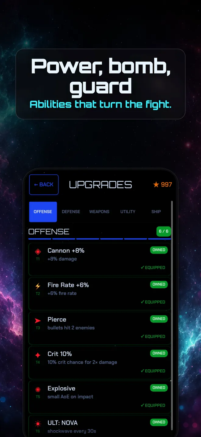 The Starglax skill tree, where stars buy permanent power, bomb and guard upgrades