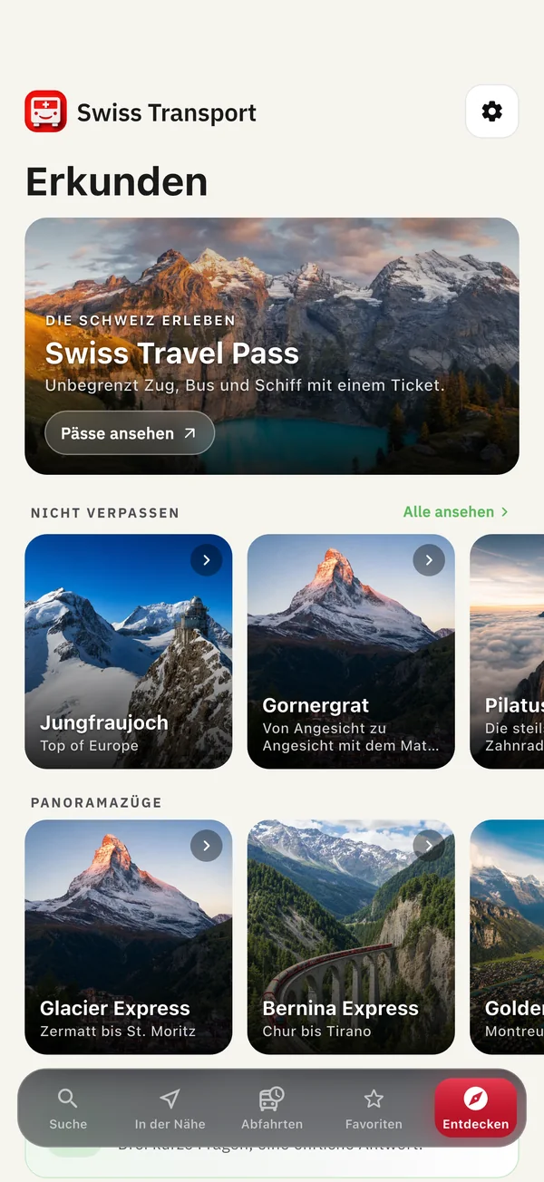 Der Entdecken-Tab von Swiss Transport mit Travel Pass, Sehenswürdigkeiten und Panoramazügen