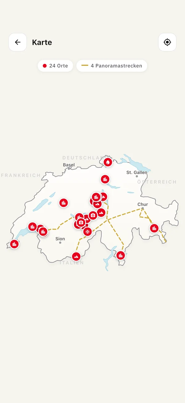 Karte der Schweiz mit 24 Sehenswürdigkeiten und vier Panoramastrecken, nutzbar ohne Netz