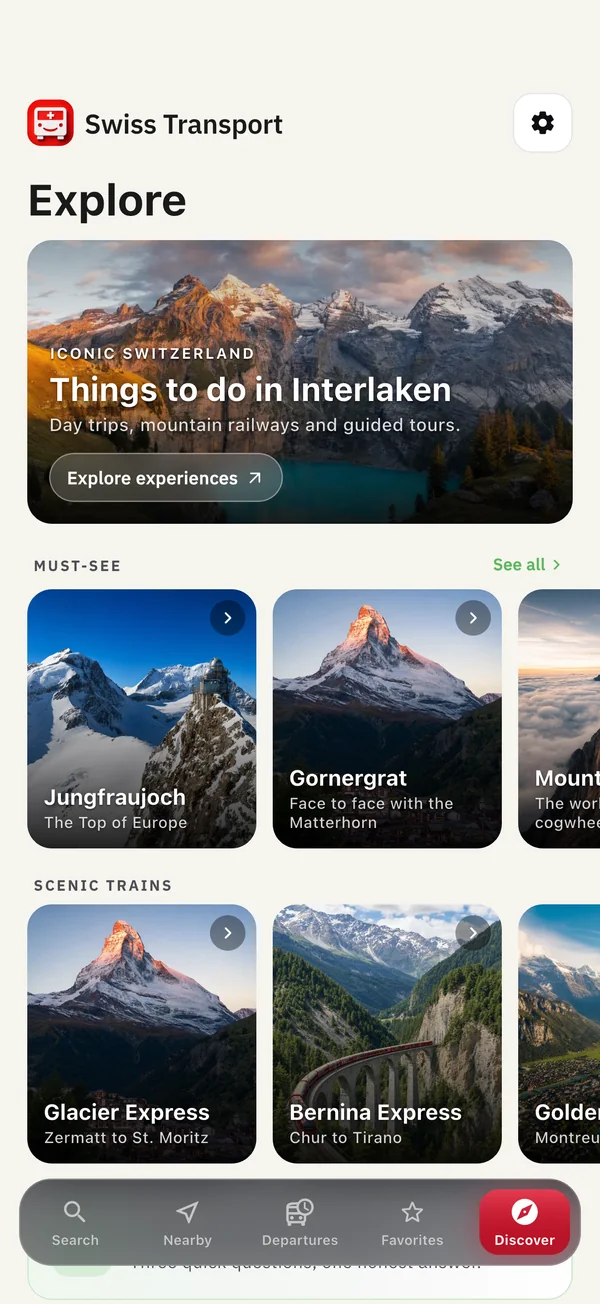 The Explore tab of Swiss Transport with the travel pass, must-see sights and scenic trains