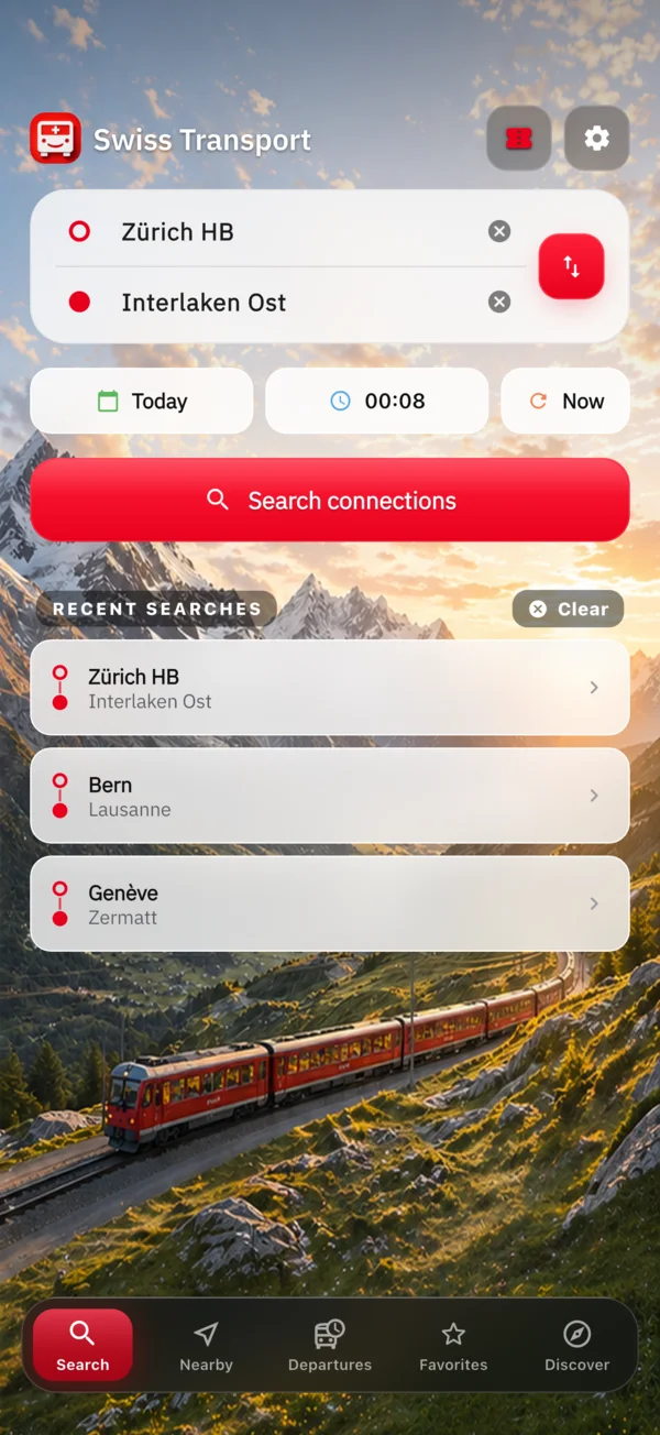 Swiss Transport search screen with origin, destination and recent searches