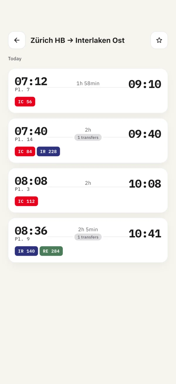 Connection results between Zürich HB and Interlaken Ost with times and platforms