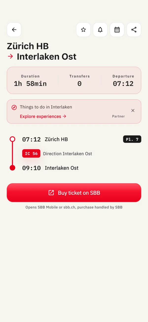 Journey detail showing each stop, the platform and the train number
