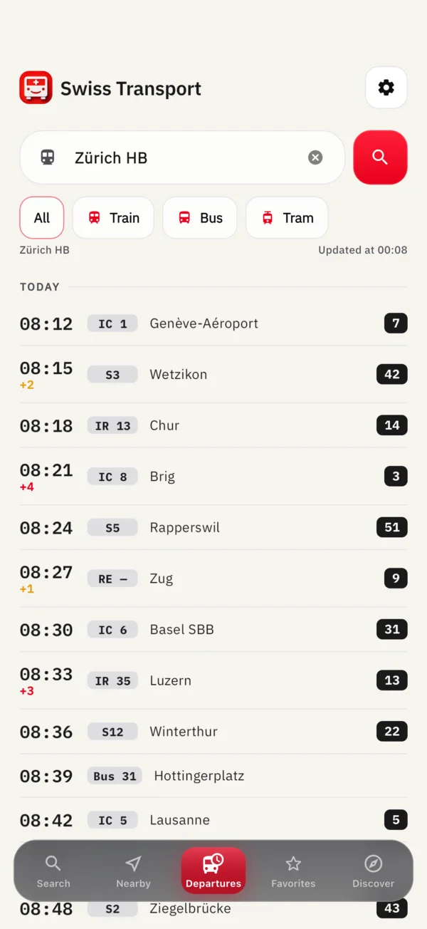 Live departure board for a station, filtered by train, bus and tram