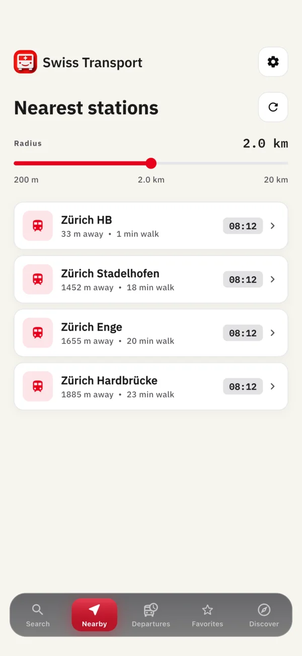 Nearest stations with walking distance and the next departure