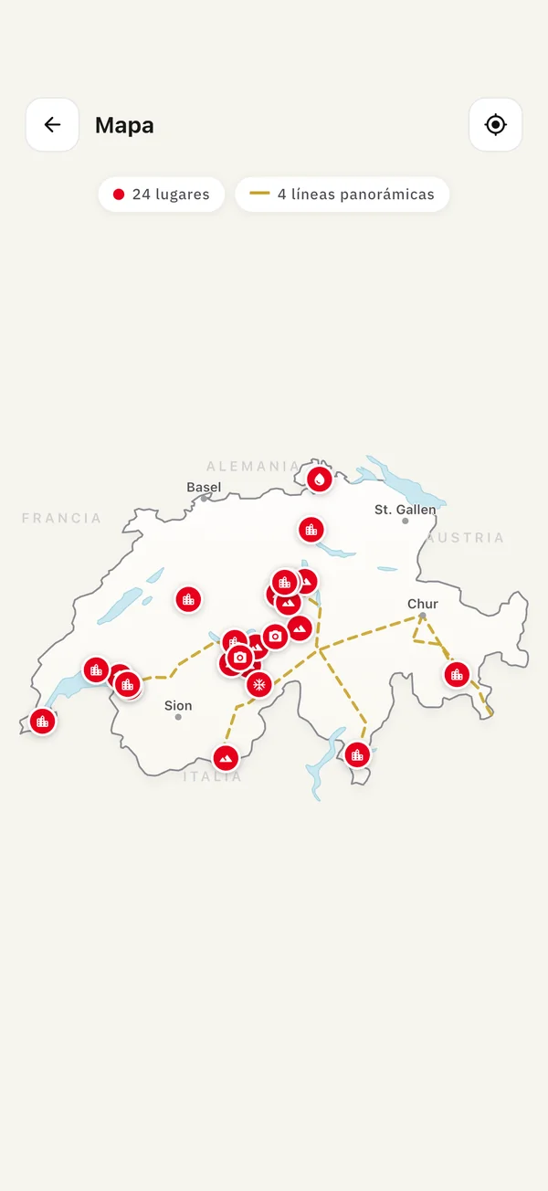 Mapa sin conexión de Suiza con 24 lugares y cuatro líneas ferroviarias panorámicas