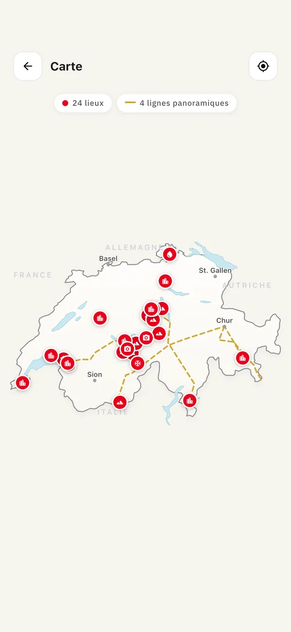 Carte hors ligne de la Suisse avec 24 sites et quatre lignes ferroviaires panoramiques