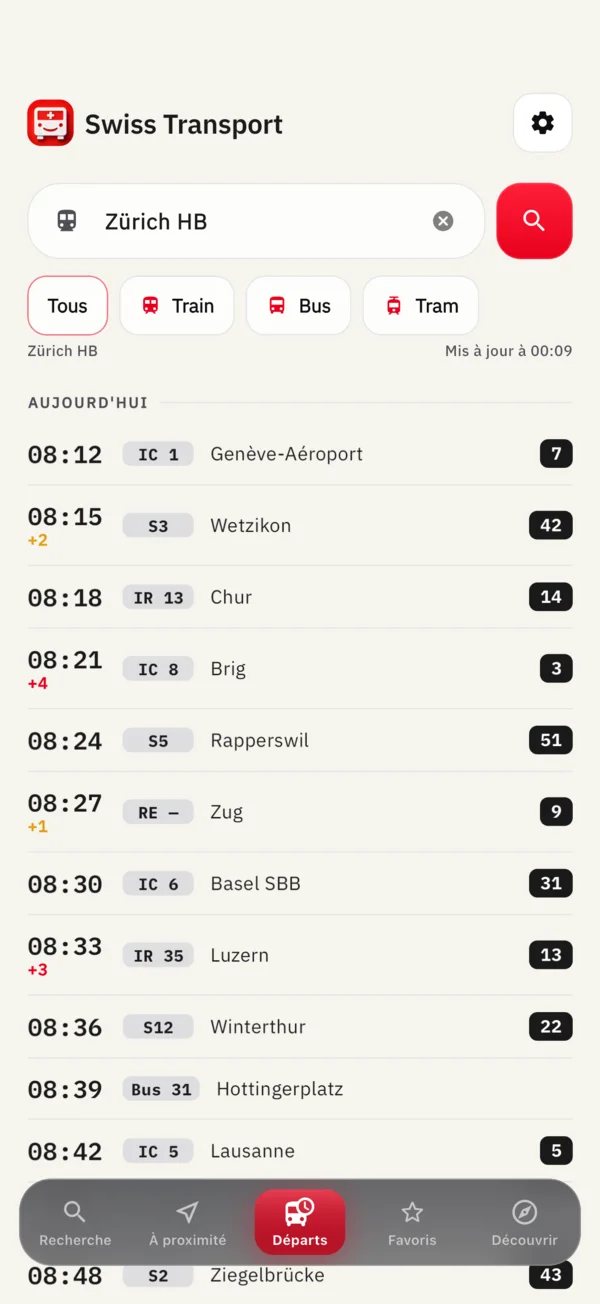 Tableau des départs d'un arrêt, filtré par train, bus et tram