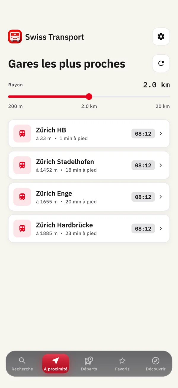 Arrêts les plus proches avec le temps de marche et le prochain départ