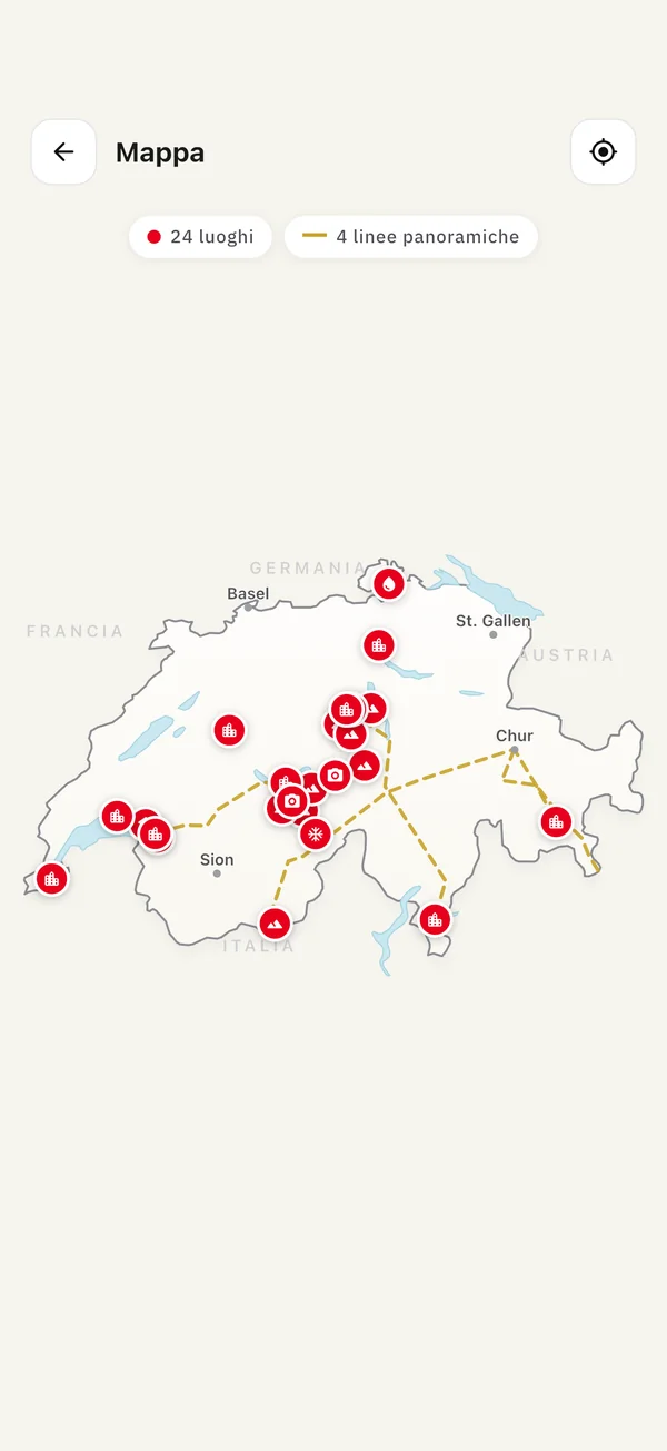 Mappa offline della Svizzera con 24 luoghi e quattro linee ferroviarie panoramiche