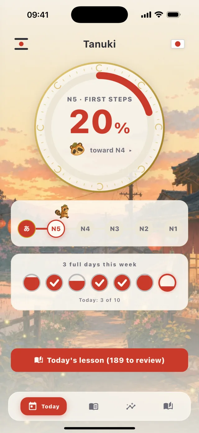 The Tanuki home screen, showing the level medallion and today's reviews