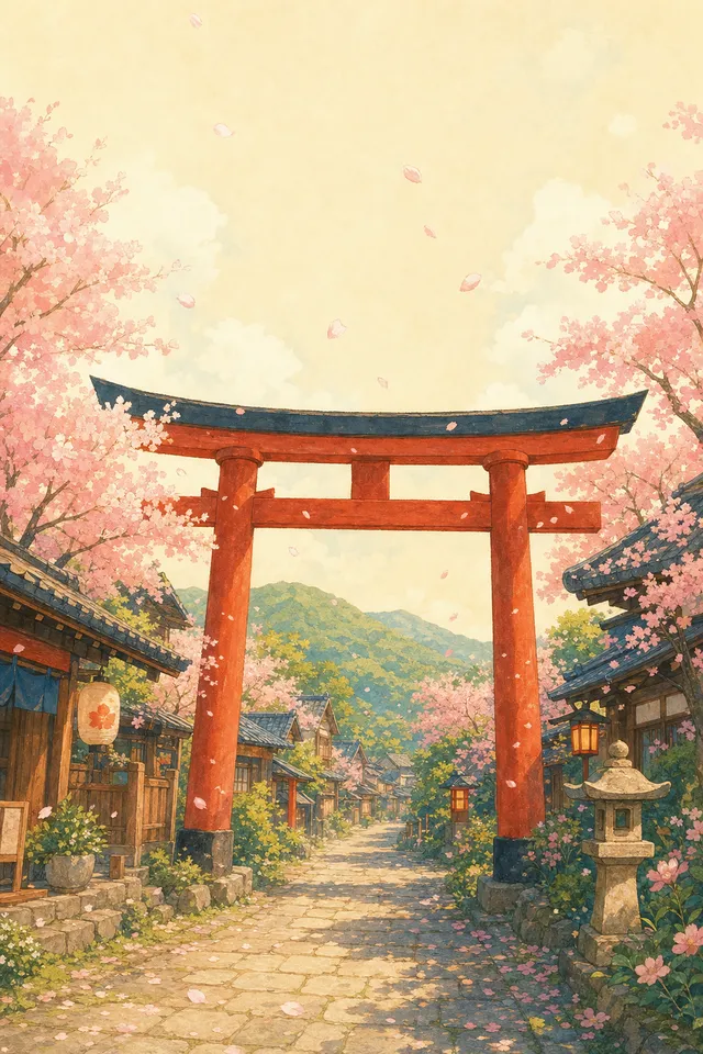 A red torii gate under cherry blossoms, the Kana level home backdrop in Tanuki